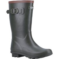 Green rubber junior Wellington boots with brown trim, adjustable side buckle, and textured sole by Cotswold.