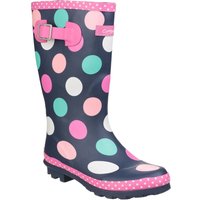 Cotswold 'Dotty' infant rubber boots, navy with colorful polka dots, pink trim, and buckle detail.