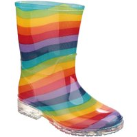 Colorful striped PVC junior Wellington boot with clear sole, featuring vibrant rainbow pattern, size Infant 4.