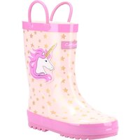 Pink Cotswold unicorn Wellington boots with golden stars and side handles.