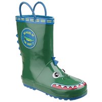 Bottle green Cotswold 'Puddle' rubber Wellington boot with crocodile design, blue sole, and pull handles, size Infant 13.