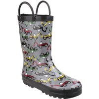 Grey Cotswold 'Puddle' rubber Wellington boots with colorful car pattern and pull handles, size Infant 12.
