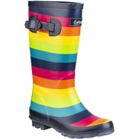 Infant size 12 Cotswold rubber Wellington boots with colorful rainbow stripes and adjustable side buckle.