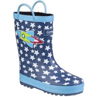 Dark blue rubber Wellington boots with white stars, rocket design, and light blue soles, size Infant 9.