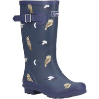 Navy blue junior wellington boots with owl and moon pattern, adjustable side buckle, and textured sole.