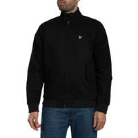 Black cotton Harrington jacket by Lyle & Scott with zip closure and yellow logo on chest.