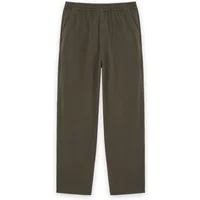 Dark olive cotton trousers by Lyle & Scott with elastic waistband and straight leg design.