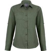 Dark green long sleeve women's shirt with button front, chest pocket, and collar, UK size 12 by Craghoppers Expert.
