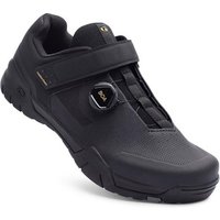 Black Crank Brothers Mallet E BOA MTB cycling shoe with BOA dial and Velcro strap on a rugged sole.