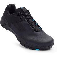 Black Crank Brothers Mallet E Lace MTB shoes with blue accents, clip-in design, and textured sole.