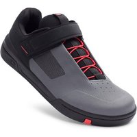 Gray and black Crank Brothers Stamp Speed Lace MTB shoes with red laces and velcro strap.