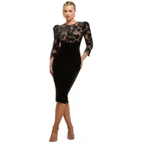Black crochet and velvet frilled midi dress with sheer lace sleeves and fitted silhouette by Goddiva.