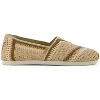 Beige crochet espadrilles by TOMS with a flat sole and slip-on design, featuring a woven pattern and subtle stripes.