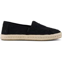 Black crochet espadrilles with jute-wrapped sole, slip-on style by TOMS.
