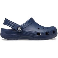 Navy blue Crocs Classic Clog for boys, featuring ventilation holes and an adjustable heel strap, size Infant 12.