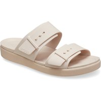 Beige Crocs Brooklyn Buckle Women's Quartz Sandals with two wide straps and adjustable buckles on a platform sole.