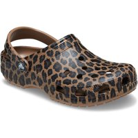 Sepia and leopard print Crocs Classic Animal EVA women's clogs with ventilation holes and adjustable heel strap.