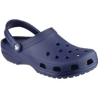 Navy Crocs Classic Clog with ventilation holes, adjustable heel strap, and textured sole.