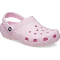 Pink Crocs Classic Clog with ventilation holes, adjustable heel strap, and textured sole.