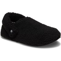 Black Crocs Classic Cozzzy Slipper with fuzzy polyester texture and closed back design.
