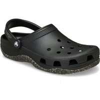 Black Crocs Classic EVO men's clogs with perforated upper, adjustable heel strap, and speckled sole.