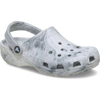 Black and white marbled Crocs Classic Clog with ventilation holes and adjustable heel strap.