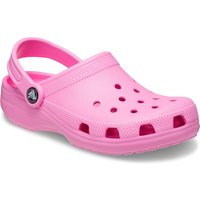 Taffy pink Crocs Classic loafers with perforated top, adjustable heel strap, and textured sole.