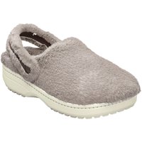 Mushroom-colored Crocs Classic Unfurgettable clogs with fuzzy polyester exterior and cream sole.