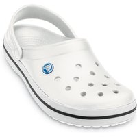 White Crocs Crocband Clog with ventilation holes, blue logo, and black stripe on the sole.