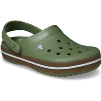 Green Crocs Crocband men's trainers with brown gum sole, white stripe, and ventilation holes.