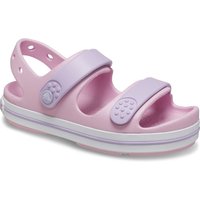 Pink and lavender Crocs sandals with adjustable straps and white sole, featuring perforated details.