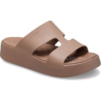 Latte-colored Crocs Getaway Platform H-Strap EVA women's sandals with thick sole and open toe design.
