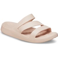 Beige Crocs Getaway Strappy Thermoplastic Women's Sandals with three wide straps and textured footbed.