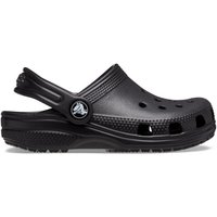 Black Crocs Classic Clog for girls, size 2, with ventilation holes, adjustable heel strap, and textured sole.