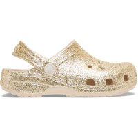 Gold glitter Crocs Classic Clog for kids, size 2, with ventilation holes and adjustable heel strap.