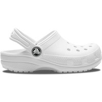 White Crocs Girl's Classic Clog with adjustable heel strap, ventilation holes, and textured sole, size 1.