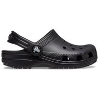 Black Crocs toddler clog with heel strap, ventilation holes, and textured sole, size Infant 9.