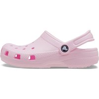Pink toddler Crocs clog with adjustable heel strap, ventilation holes, and textured sole, size Infant 8.