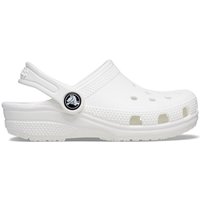 White Crocs toddler clog with perforated toe box, heel strap, and textured sole, size Infant 5.
