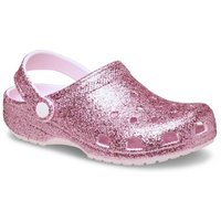 Pink Crocs girl's chunky glitter clog with heel strap and ventilation holes, size 3.
