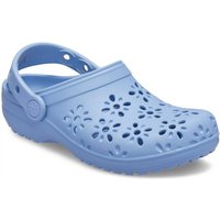 Blue Crocs girl's clog with floral cutouts, adjustable heel strap, and textured sole, size Infant 12.