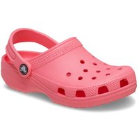 Coral Crocs Kids' Classic Clog, size 2, with ventilation holes, adjustable heel strap, and textured sole.