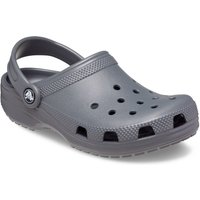 Slate grey thermoplastic kids' clogs by Crocs with ventilation holes and adjustable heel strap.