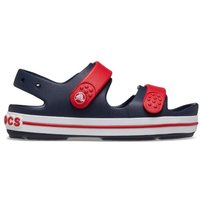 Navy Crocs Kids Crocband Play Sandal with red straps, white sole, and logo accents, size Infant 3.