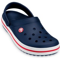 Navy Crocs Men's Crocband Clog with red and white stripe, ventilation holes, and adjustable heel strap.
