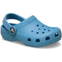 Blue Crocs toddler classic clog with heel strap, ventilation holes, and textured sole, size infant 6.