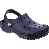 Navy Crocs Toddler Classic Clog, size Infant 9, with ventilation holes and adjustable heel strap.