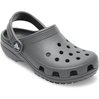 Slate grey Crocs toddler loafers with Croslite rubber, perforated upper, adjustable heel strap, and textured sole.