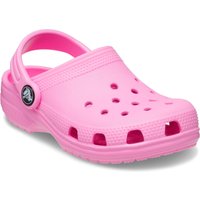 Pink Crocs toddler loafers with perforated top, adjustable heel strap, and textured sole.