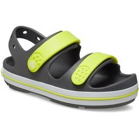 Grey toddler Crocs sandal with two lime green straps and white stripe on sole, size Infant 7.